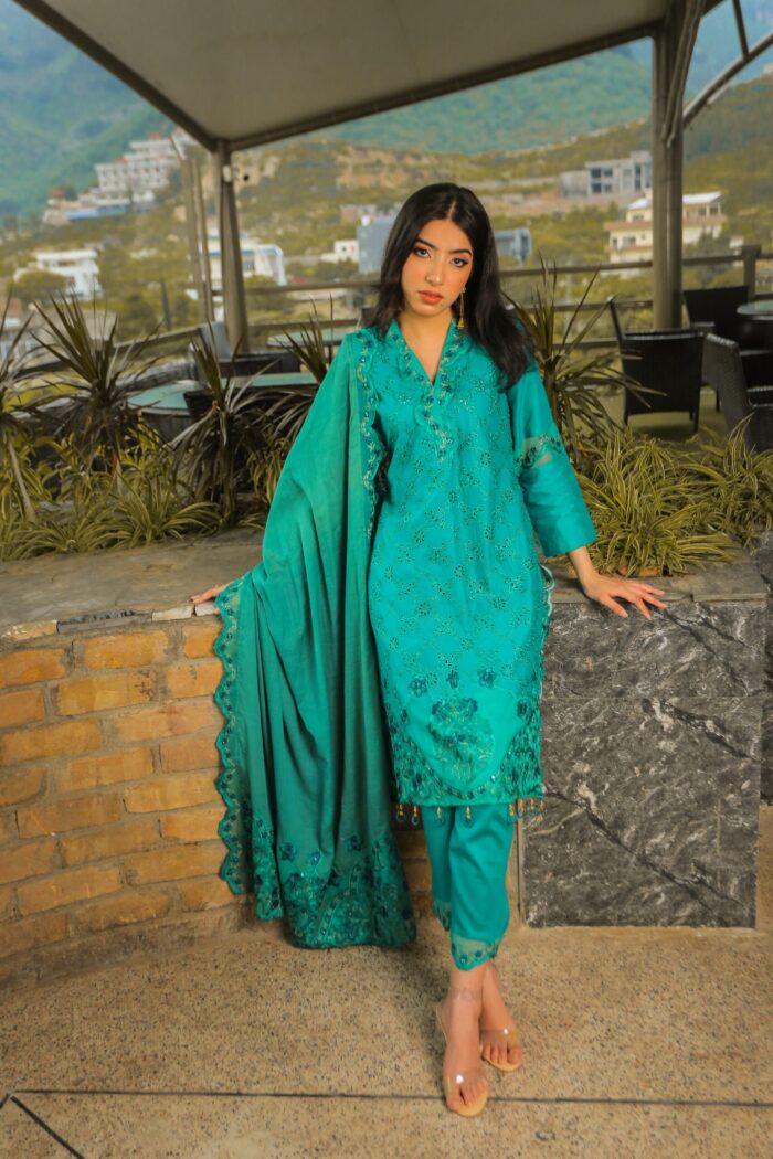 Green embroidered with khaadi dupatta - Image 1
