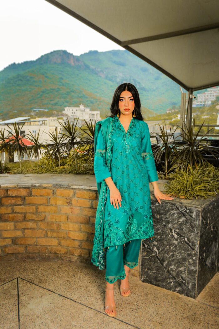 Green embroidered with khaadi dupatta - Image 3