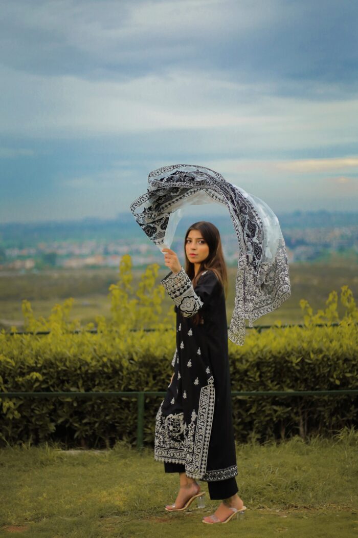 Black embroidered with brochea dupatta - Image 1