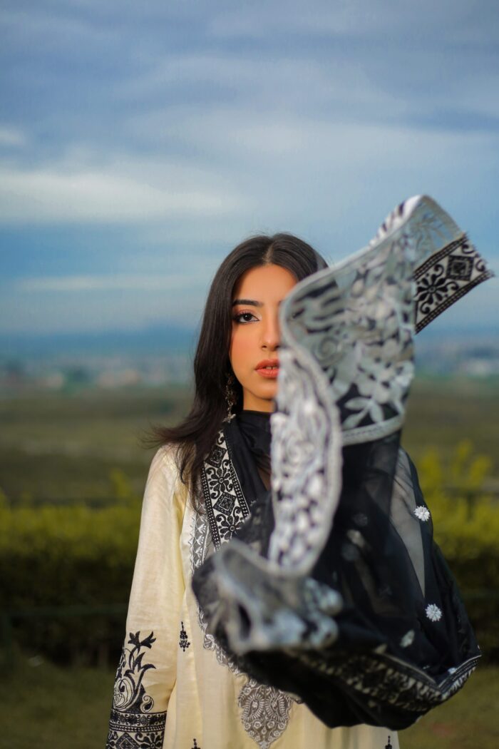 White Embroidered with organza dupatta - Image 1