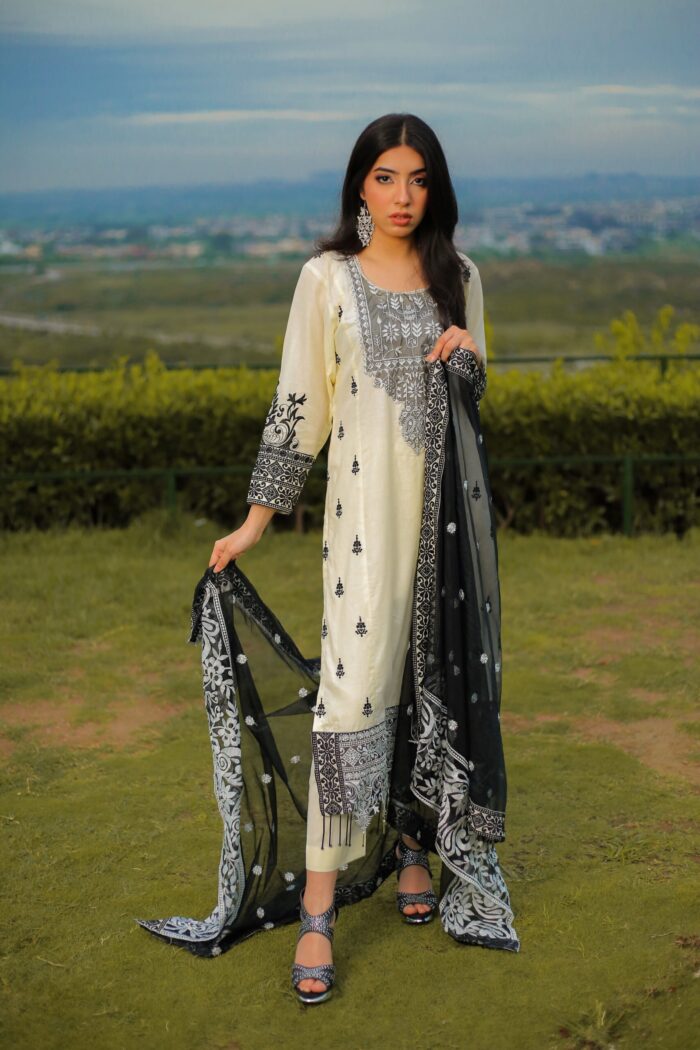 White Embroidered with organza dupatta - Image 3