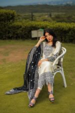 White Embroidered with organza dupatta - Image 4
