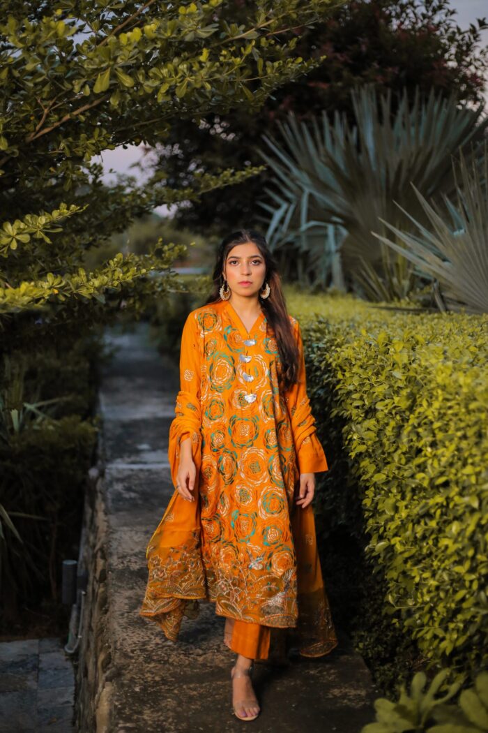 1Yellow emb with chiffon dupatta - Image 1