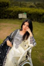 White Embroidered with organza dupatta - Image 6