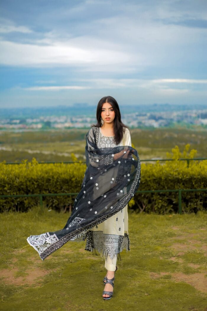White Embroidered with organza dupatta - Image 7